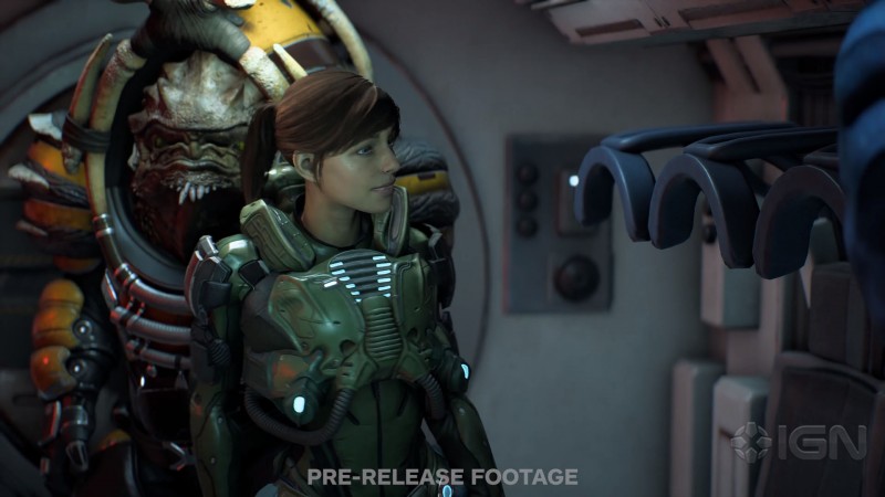 Сара Райдер, кроган Драк и азари Пиби в спасательной капсуле - cкриншот из геймплейного видеоролика Mass Effect: Andromeda