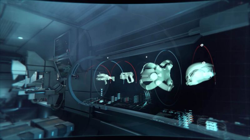 Стол модификации оружия и брони в исследовательском отсеке корабля "Буря" - скриншот из инструктажа Andromeda Initiative