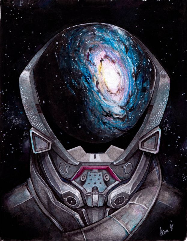 Отражение галактики Андромеды в шлеме Первопроходца, рисунок annasabinokami