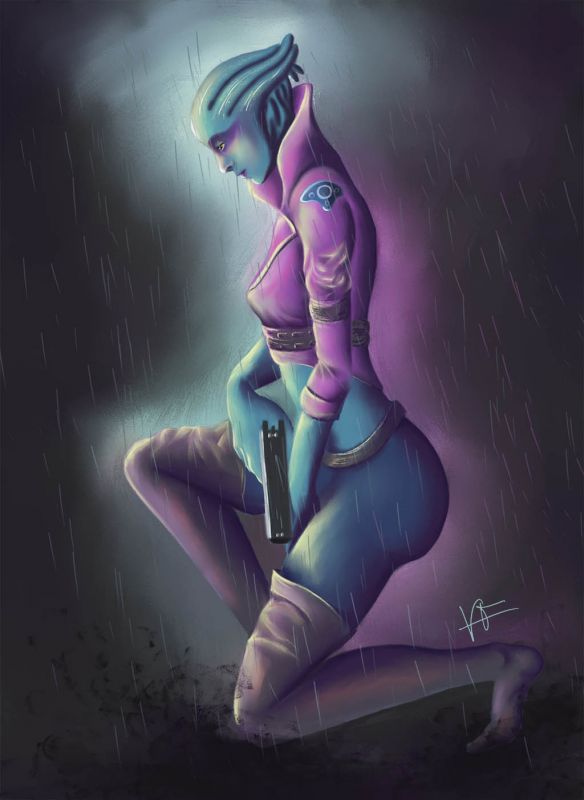 Азари Пиби сидит под дождем с пистолетом, рисунок от biotic-i