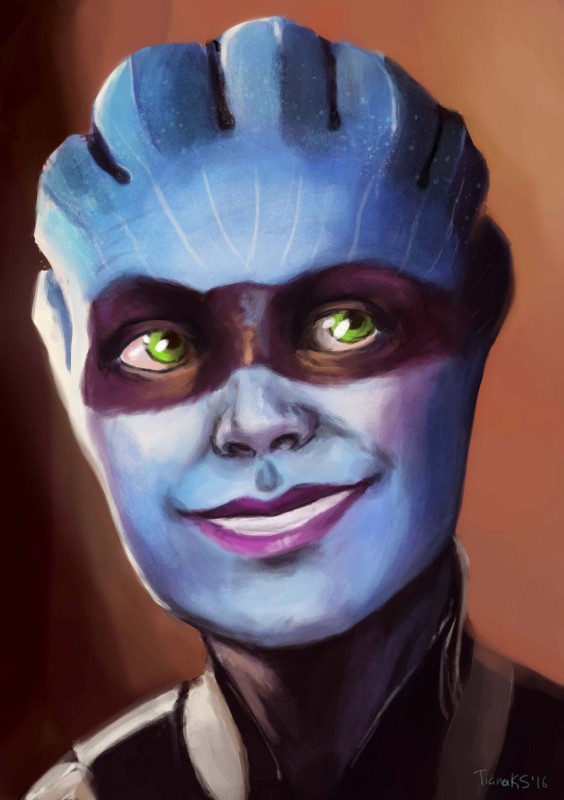 Улыбающаяся азари с бровями и татуировкой на глазах из Mass Effect: Andromeda - рисунок от художника tianaks