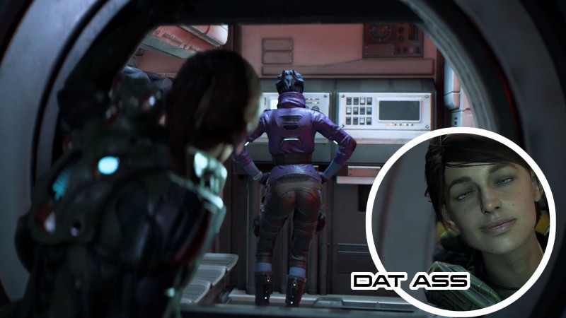 Сара Райдер пялится на задницу азари Пиби - cкриншот из геймплейного видеоролика Mass Effect: Andromeda