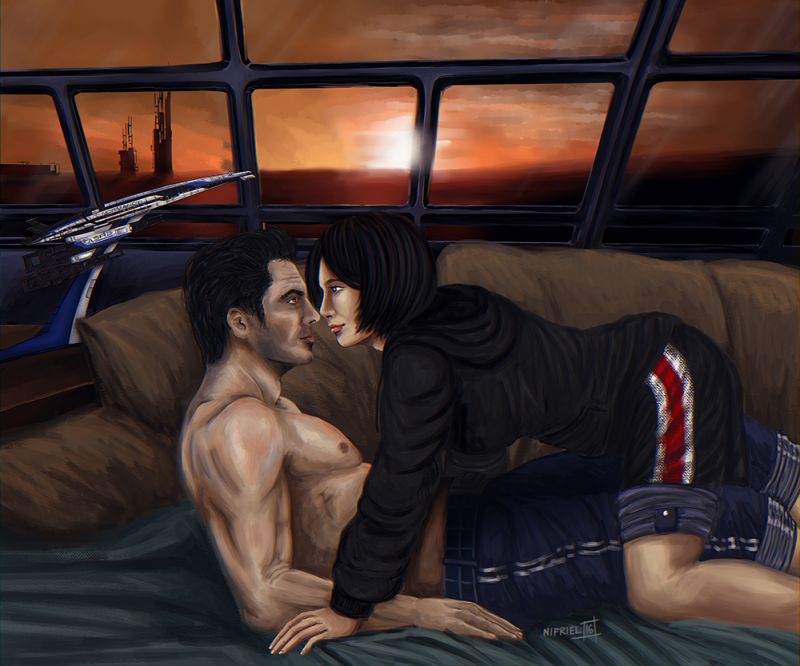 Капитан Шепард и Кайден на диване, романтическая сцена - рисунок от nifriel