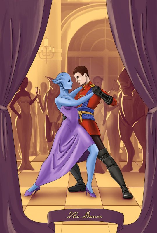 Азари Лиара и капитан Шепард танцуют танго - рисунок от noontimeowl