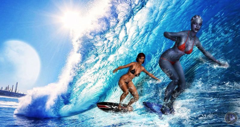 Капитан Шепард и азари Лиара занимаются серфингом в море - летний солнечный рендер от barbdbarb