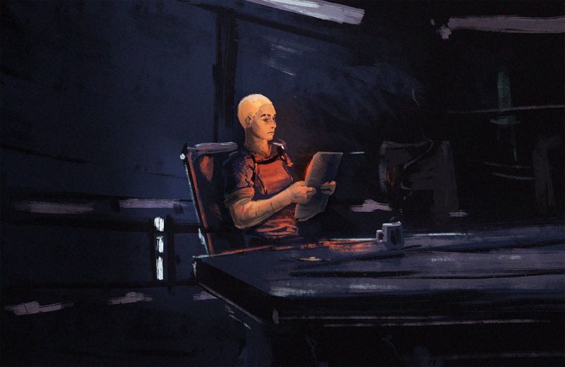 Капитан Шепард сидит в каюте с планшетом - рисунок от художника luckyfk