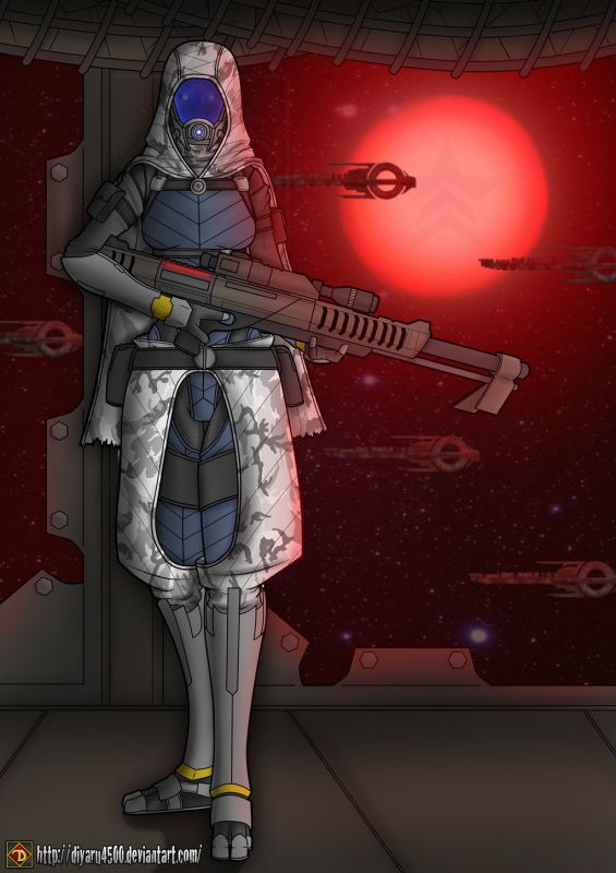 Кварианка со снайперской винтовкой Вдова - рисунок от diyaru4500