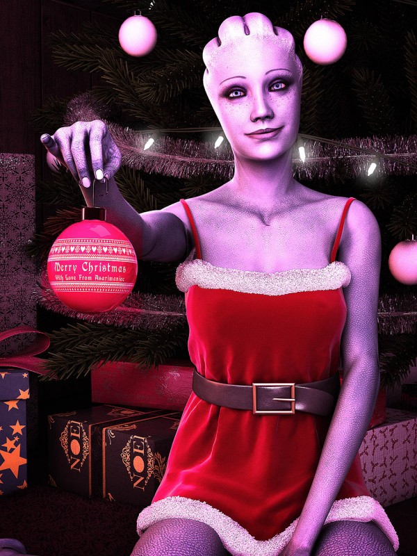Лиара держит в руке шарик и поздравляет с Рождеством - рендер от asarimaniac