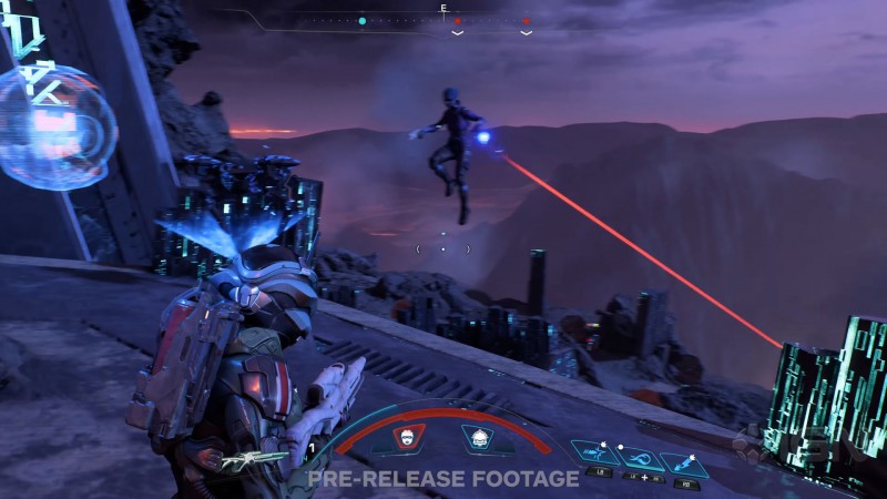 Азари Пиби летит и ее поджаривают лазером ремнанты - cкриншот из геймплейного видеоролика Mass Effect: Andromeda