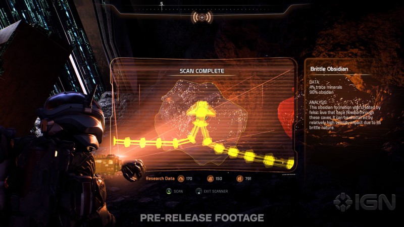 Сара Райдер сканирует обсидиан - cкриншот из геймплейного видеоролика Mass Effect: Andromeda